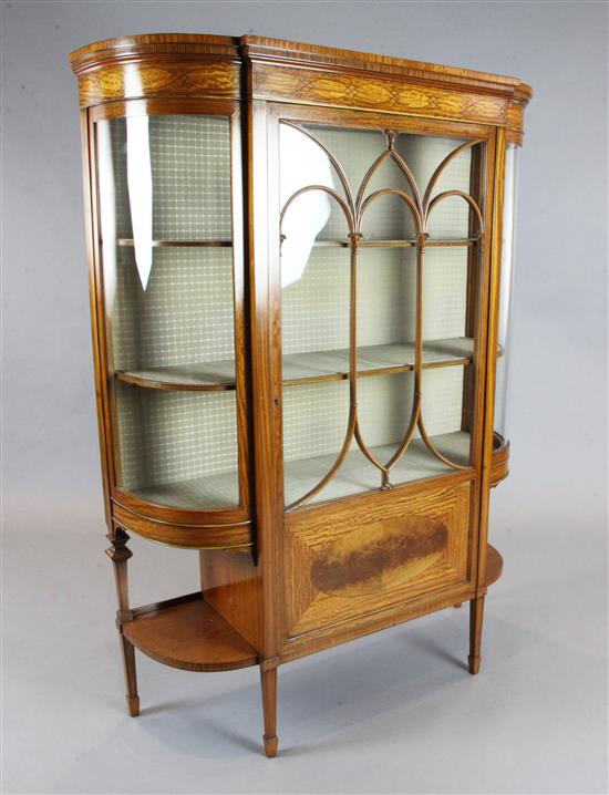 An Edwardian inlaid satinwood breakfront display cabinet, by Maples, W.3ft 6in. D.1ft 3in. H.4ft 9in.